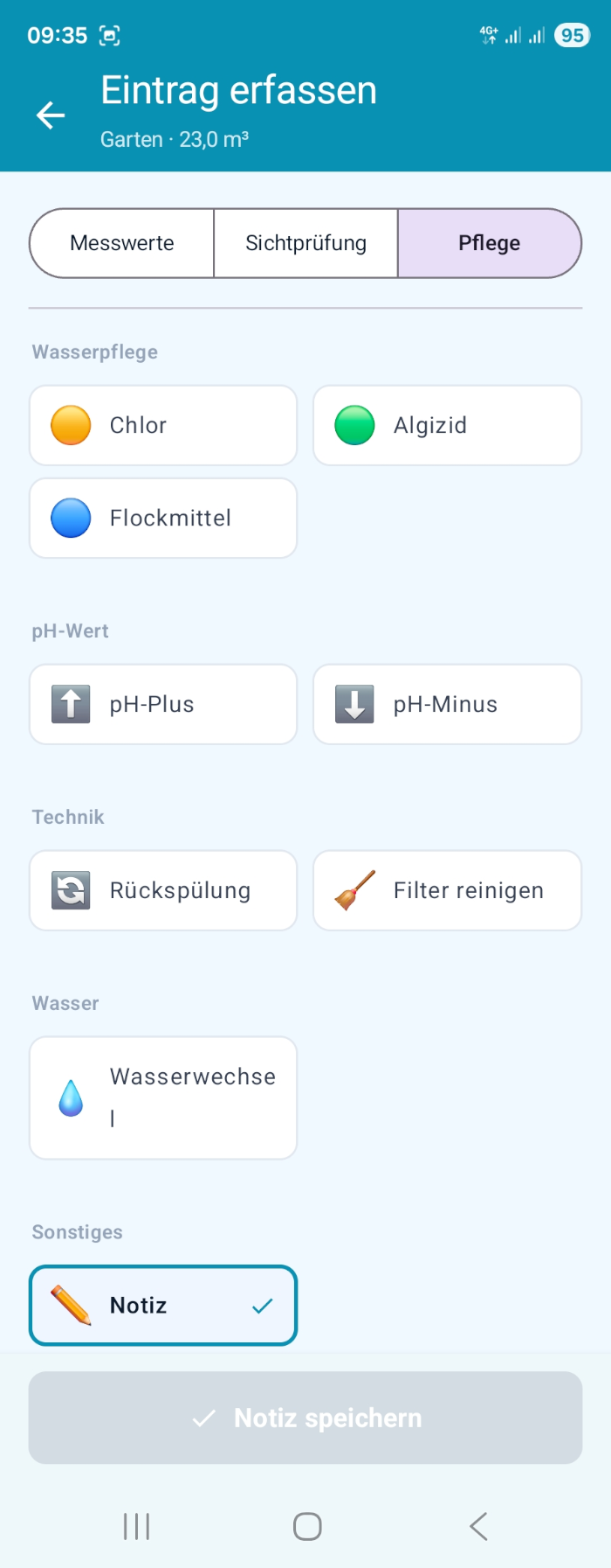 Pflegeaktionen und Rückspülung