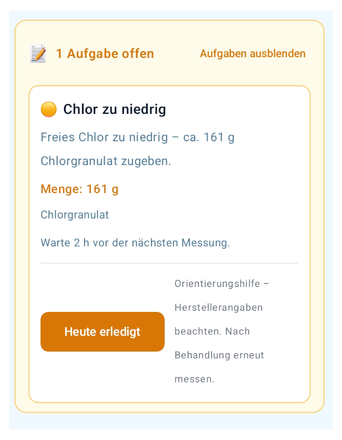 Hinweiskarte: 1 Aufgabe offen, Chlor zu niedrig